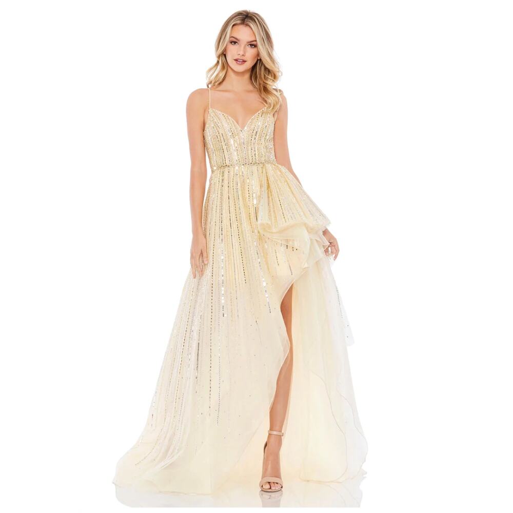 Mac Duggal 11205 Embellished Sleeveless Draped A Line Gown Gold Silver 4 NWT